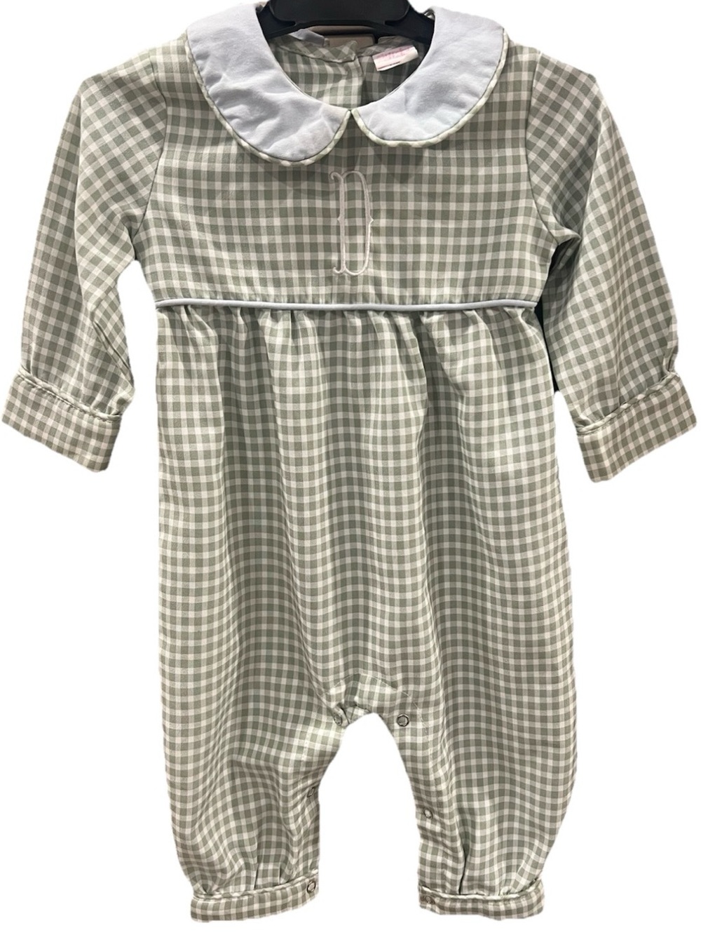 Stitchy Fish Monogrammed “D” Gingham Peter Pan Collar One-Piece 12m
